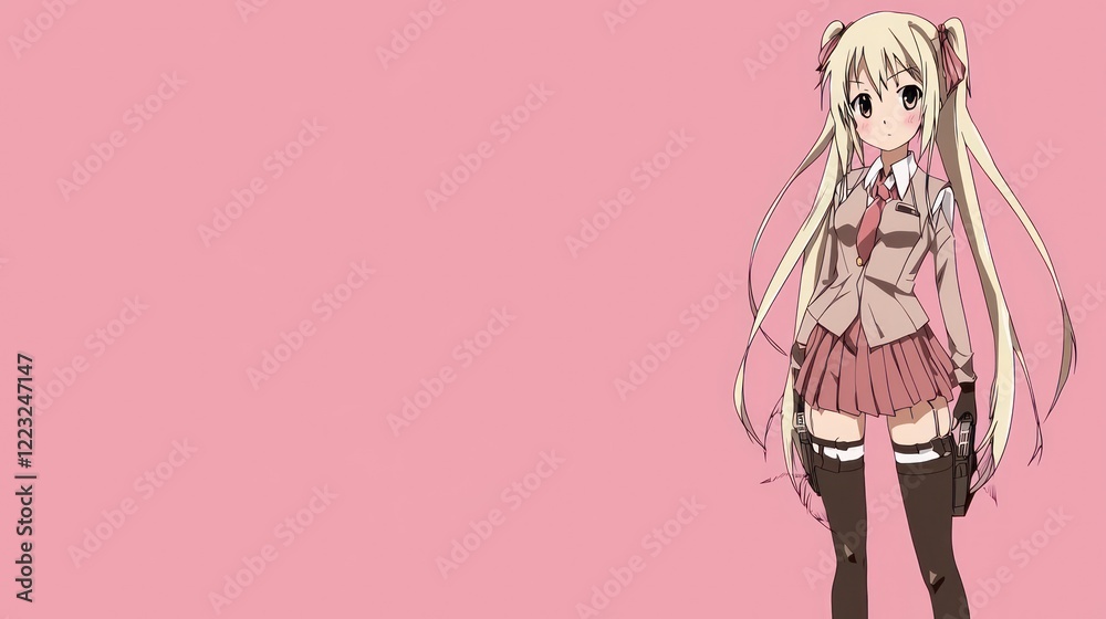 Blonde girl anime school uniform pink background illustration Blonde girl anime school uniform pink background illustration