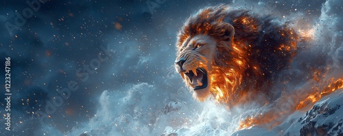 Fierce Lion Surrounded by Fire and Snow in Dramatic Landscape
