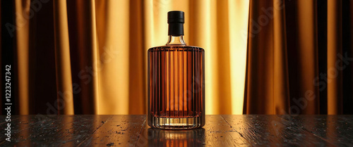 A bottle of liquor is sitting on a table in front of a curtain. The bottle is tall and slender, with a black cap. The curtain behind the bottle creates a sense of mystery and elegance photo