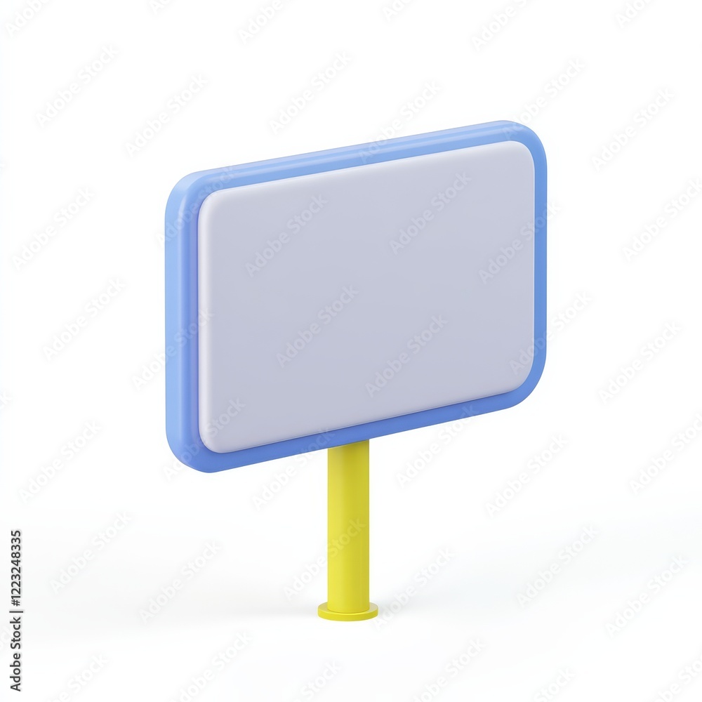A simple, colorful signboard with a blue frame and a yellow pole, featuring a blank white surface for customizable messages. A simple, colorful signboard with a blue frame and a yellow pole, featuring a blank white surface for customizable messages.