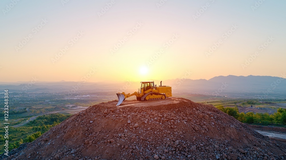 Fototapeta premium Bulldozer on hilltop at sunset, overlooking valley. Construction site background