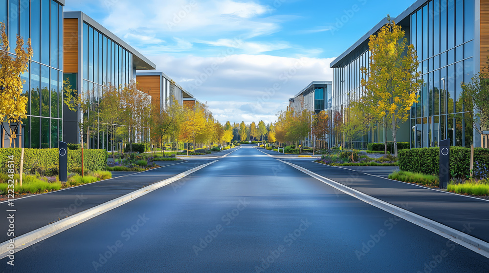 Fototapeta premium Tranquil Urban Street with Modern Buildings and Lush Greenery