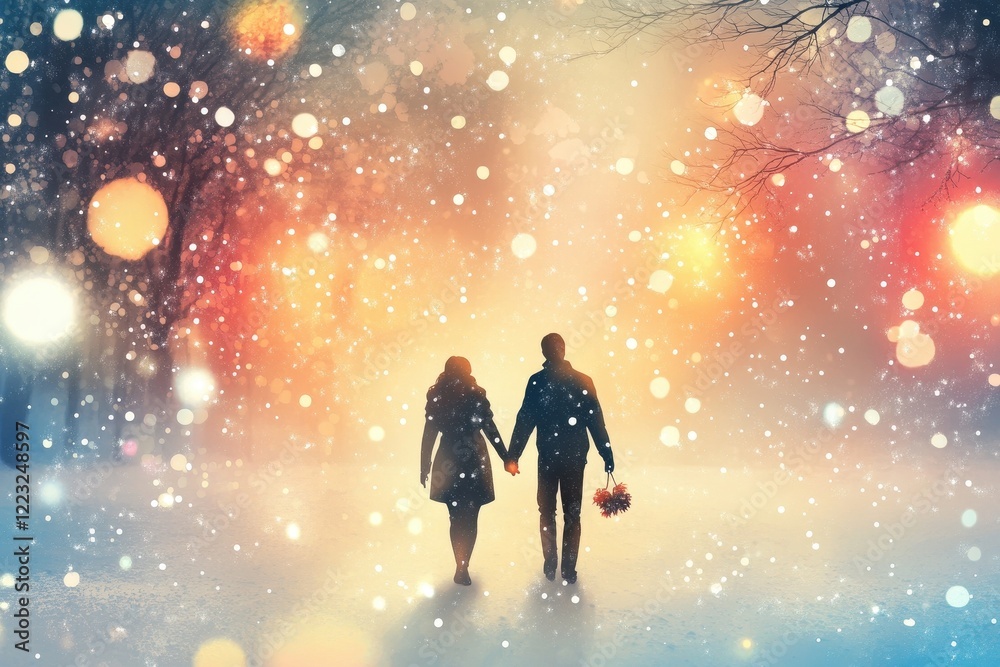 Couple walking hand in hand through a snowy winter wonderland Couple walking hand in hand through a snowy winter wonderland