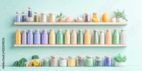 Colorful Shelves with Jars and Bottles Display