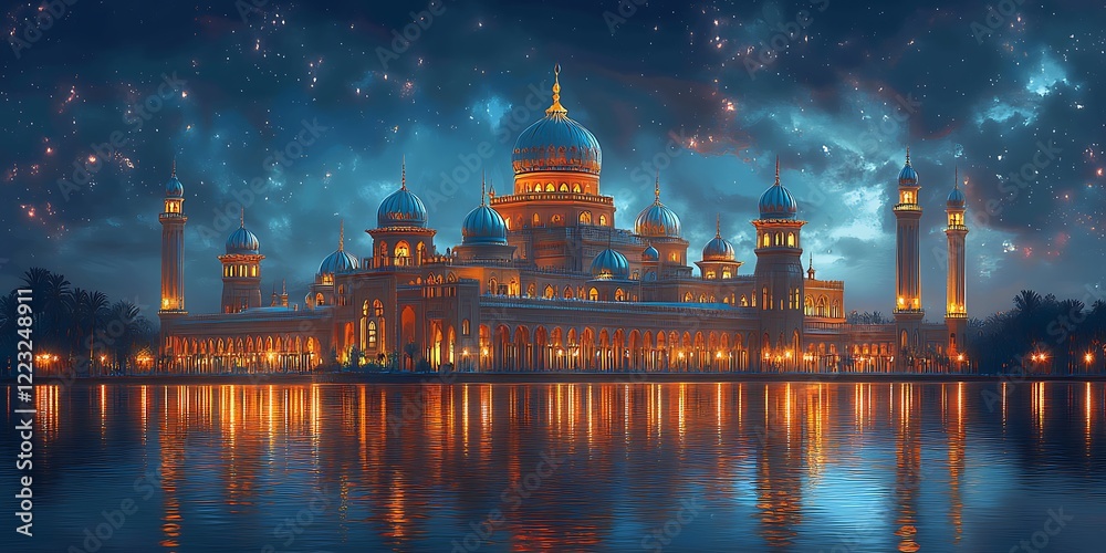 Fototapeta premium Illuminated Palace by a Tranquil Lake Under a Starry Night Sky