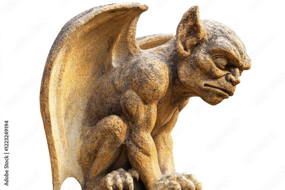 A weathered stone gargoyle statue with wings, perched and scowling, isolated on white. A weathered stone gargoyle statue with wings, perched and scowling, isolated on white.