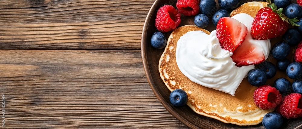 A heart-shaped pancake topped with whipped cream and fresh strawberries and blueberries, served on a wooden table. A heart-shaped pancake topped with whipped cream and fresh strawberries and blueberries, served on a wooden table.