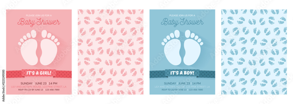 Set of invitation cards for a baby shower, birthday, or gender reveal party. It's a Boy. It's a Girl. Isolated vertical postcard templates with footprints, ribbon and patterns. Vector illustrations. Set of invitation cards for a baby shower, birthday, or gender reveal party. It's a Boy. It's a Girl. Isolated vertical postcard templates with footprints, ribbon and patterns. Vector illustrations.