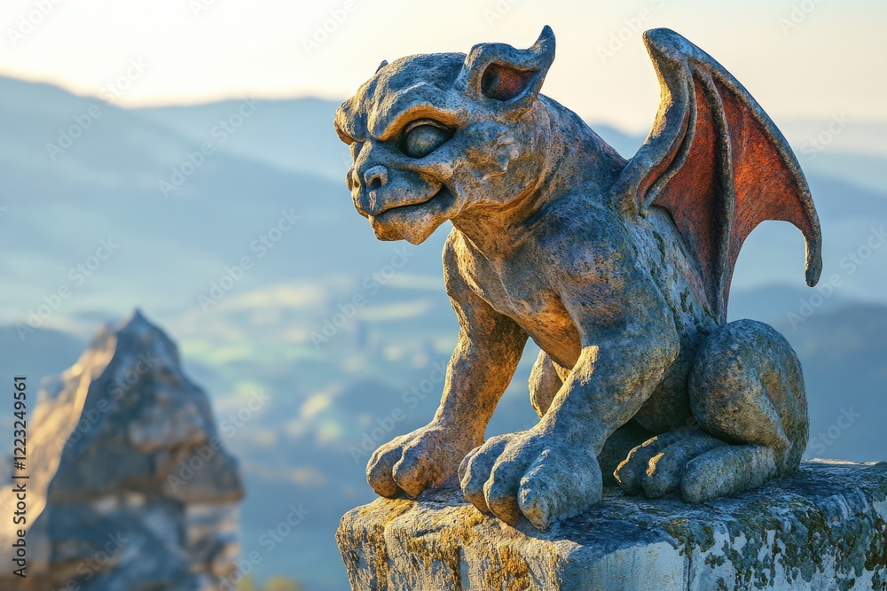 Fototapeta premium Stone gargoyle statue perched on a high point overlooking a misty valley landscape.