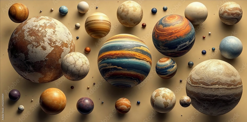 Fototapeta premium Spherical planets, textured globes, celestial bodies, cosmic orbs, astronomical art, 3D rendering, detailed surfaces, alien worlds, vintage astronomy style