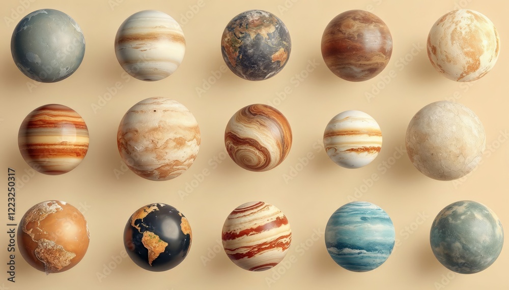 Spherical planets, textured globes, celestial bodies, cosmic orbs, astronomical art, 3D rendering, detailed surfaces, alien worlds, vintage astronomy style Spherical planets, textured globes, celestial bodies, cosmic orbs, astronomical art, 3D rendering, detailed surfaces, alien worlds, vintage astronomy style