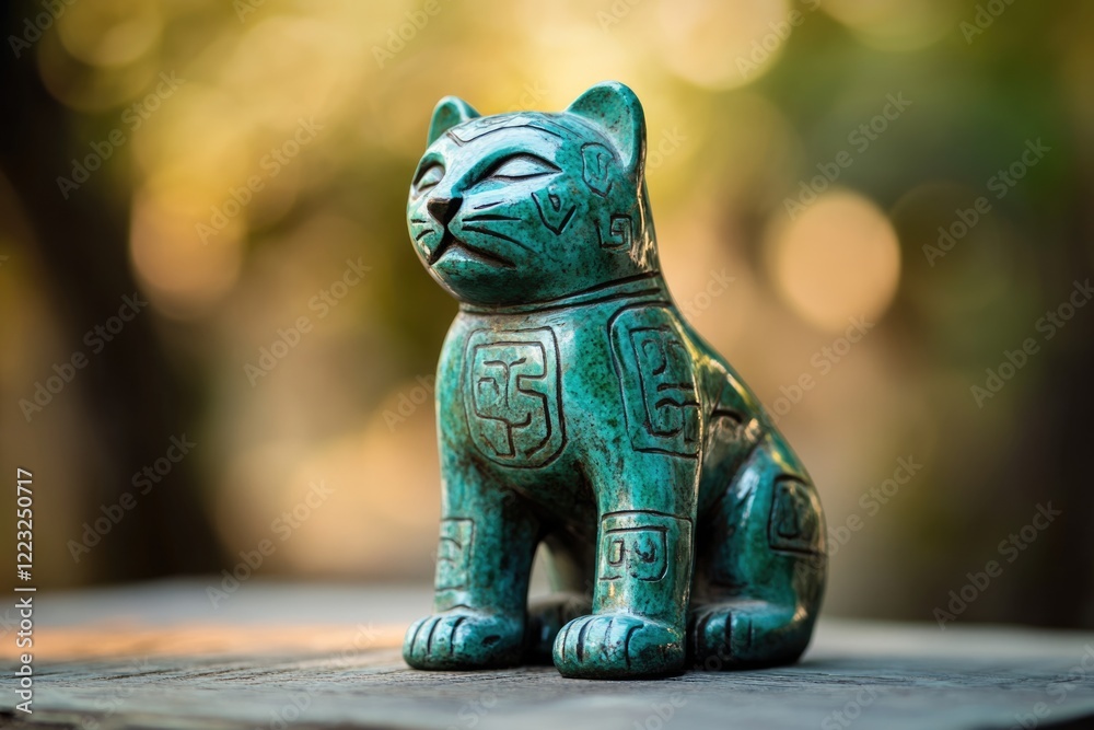 Serene teal cat figurine, adorned with ancient-style carvings, sits peacefully outdoors. Serene teal cat figurine, adorned with ancient-style carvings, sits peacefully outdoors.