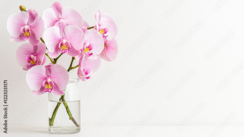 Pink orchids in glass vase, white background, floral arrangement, home decor