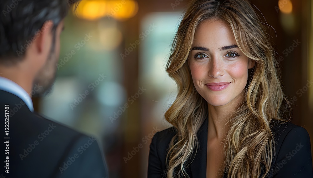 Smiling Woman with Long Hair and Warm Expression in Elegant Setting