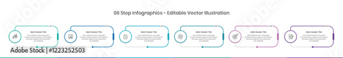 6 Steps Infographics Design Template - Graph, Pie chart, workflow layout, rectangle diagram, brochure, report, presentation, web design Editable Vector illustration