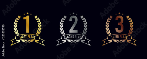 Winning places banners. Award symbol - 1, 2 and 3 place. Shiny metallic golden, silver and bronze laurel wreath frames, ribbon and stars with first, second and third place text. Vector.