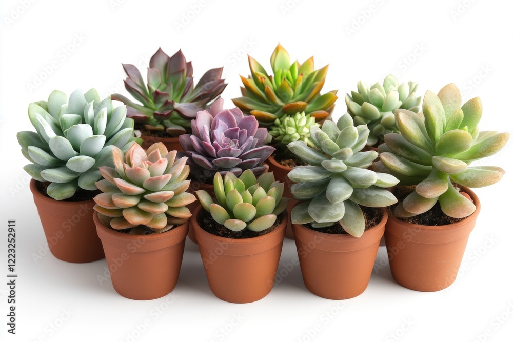 A collection of various succulents in terracotta pots, showcasing diverse colors and textures. A collection of various succulents in terracotta pots, showcasing diverse colors and textures.
