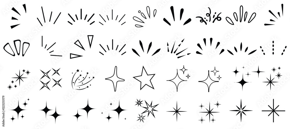 Doodle line sparkle, burst lines, and sparkle star icon vector illustration. Perfect for design, decoration, and creative projects with various shapes
