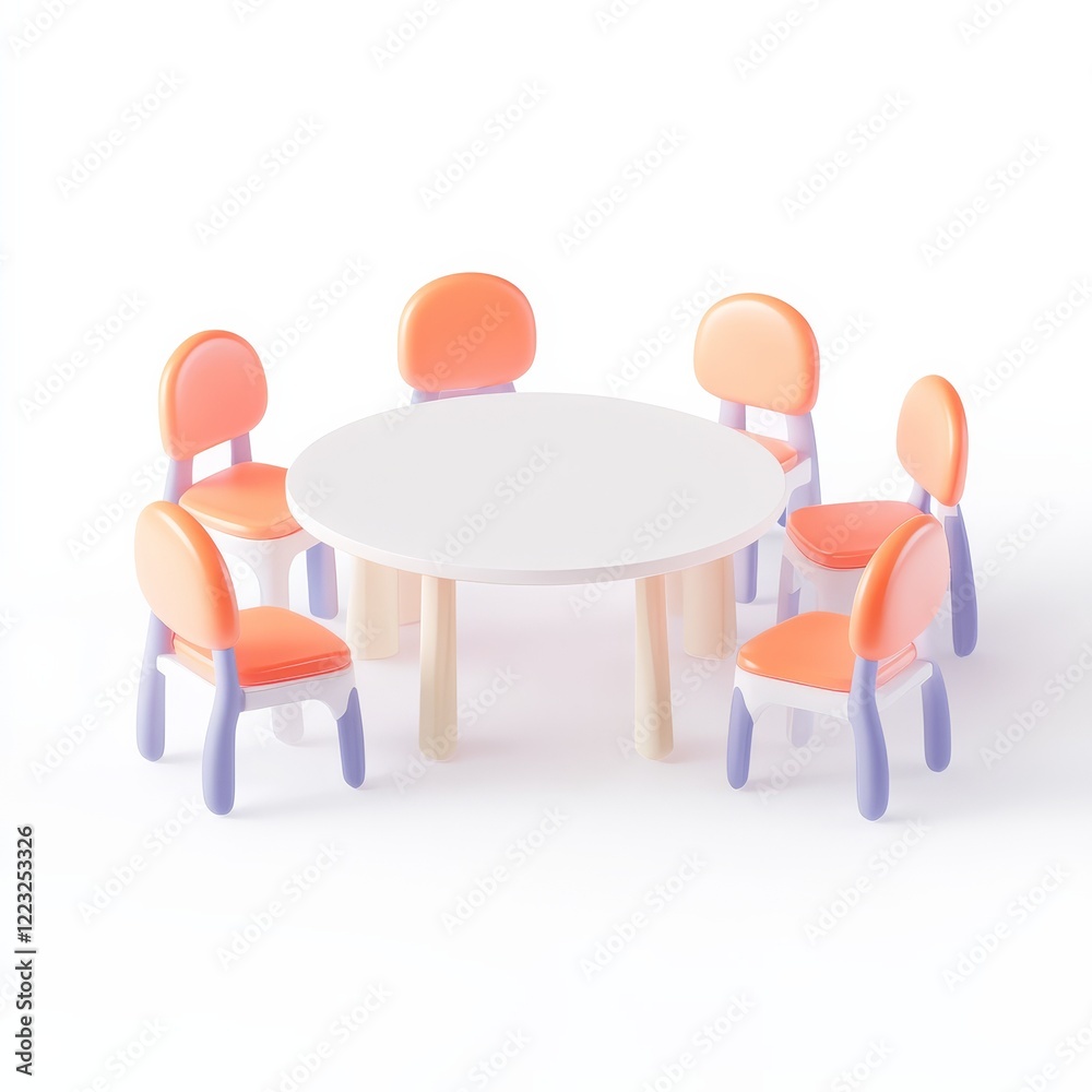 Fototapeta premium A colorful children's table and chair set featuring a round table with six matching chairs.