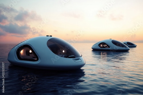 Futuristic submersible pods traveling through deep-sea exploration routes