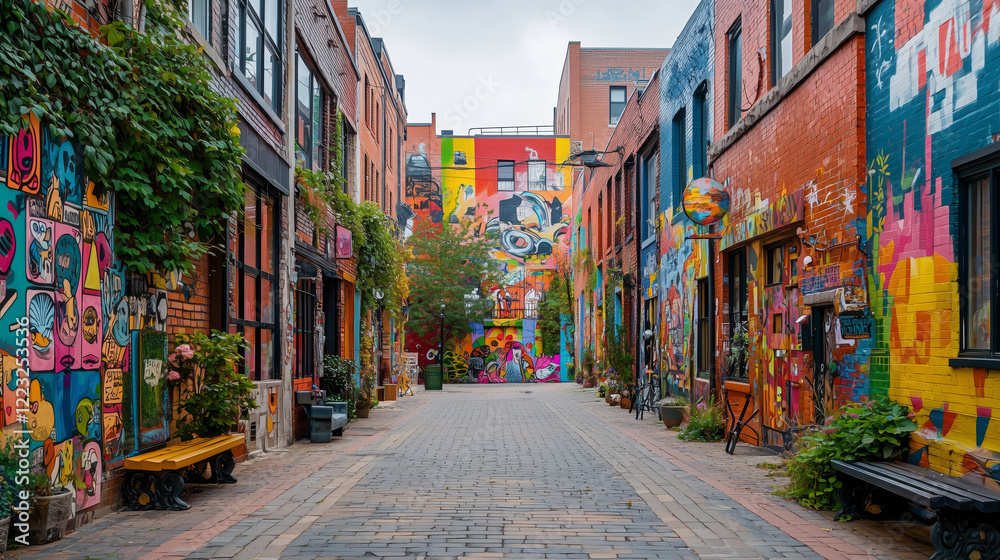 Fototapeta premium Vibrant Street Art in Urban Alleyway with Colorful Murals and Plants