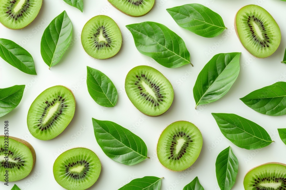 Fototapeta premium Vibrant kiwi halves artfully arranged with fresh green leaves on a clean white background