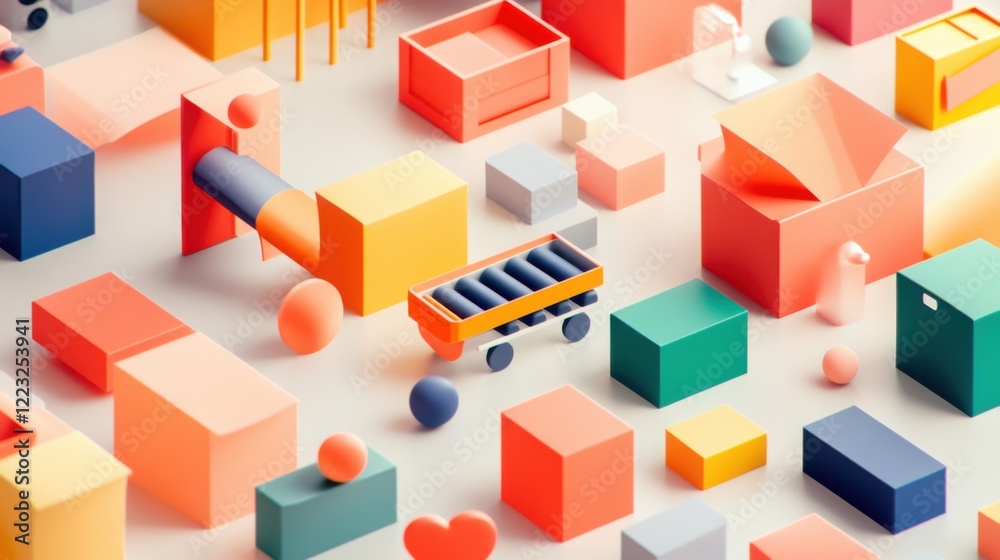 Colorful geometric shapes and structures arranged playfully on a bright surface, showcasing creativity Colorful geometric shapes and structures arranged playfully on a bright surface, showcasing creativity