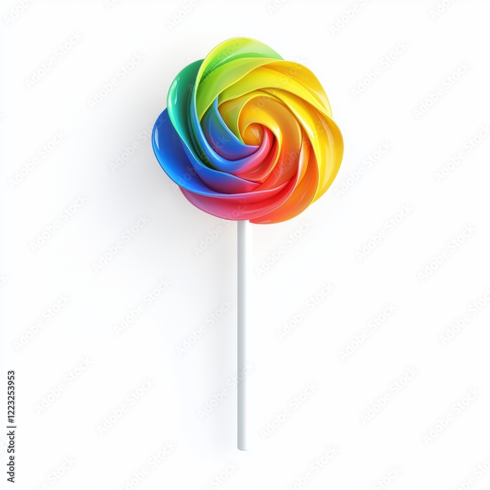 3D icon cartoon rainbow swirl lollipop on a white stick, isolated on a white background 3D icon cartoon rainbow swirl lollipop on a white stick, isolated on a white background
