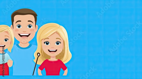 Happy family portrait, blue background, website banner (2) photo