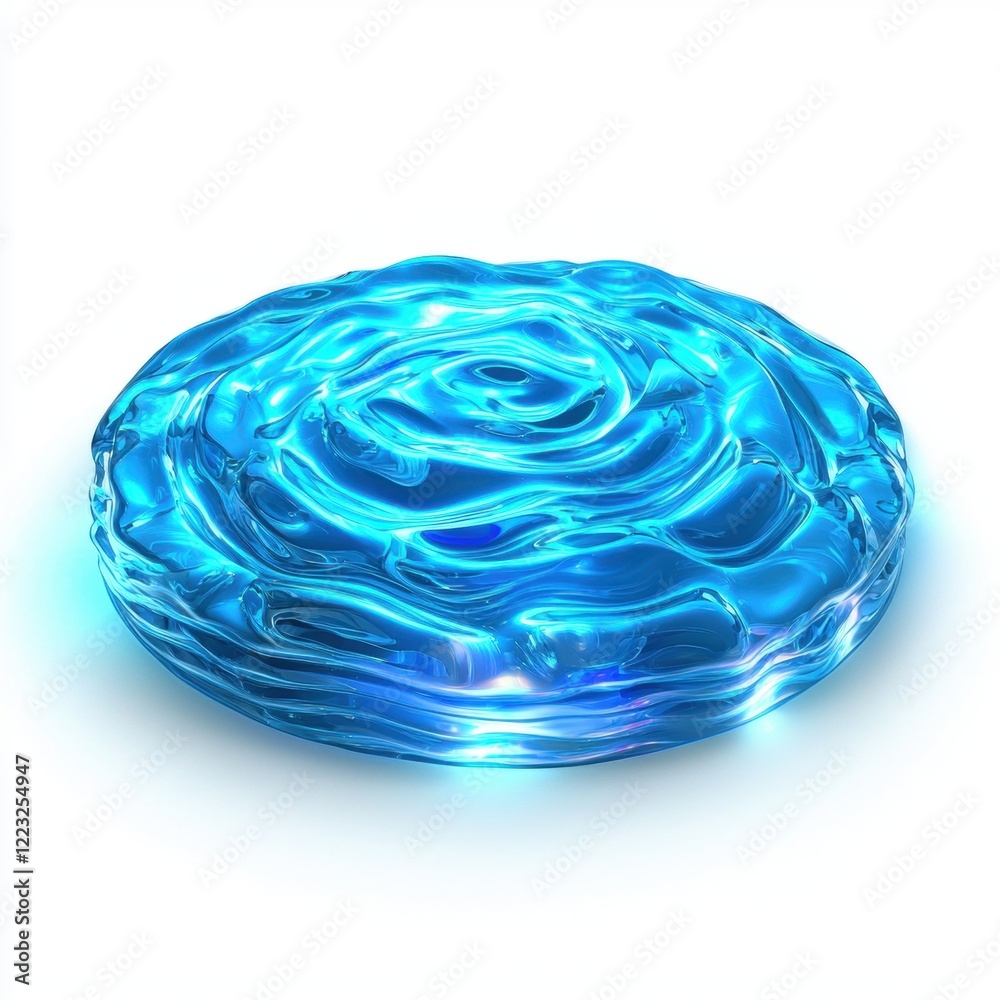 Fototapeta premium 3D icon cartoon rippling water surface with a glowing reflection, isolated on a white background