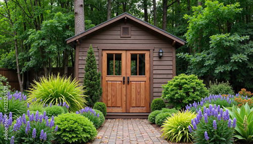 Charming wooden garden shed surrounded by vibrant plants and flowers in a lush green landscape with copy space
