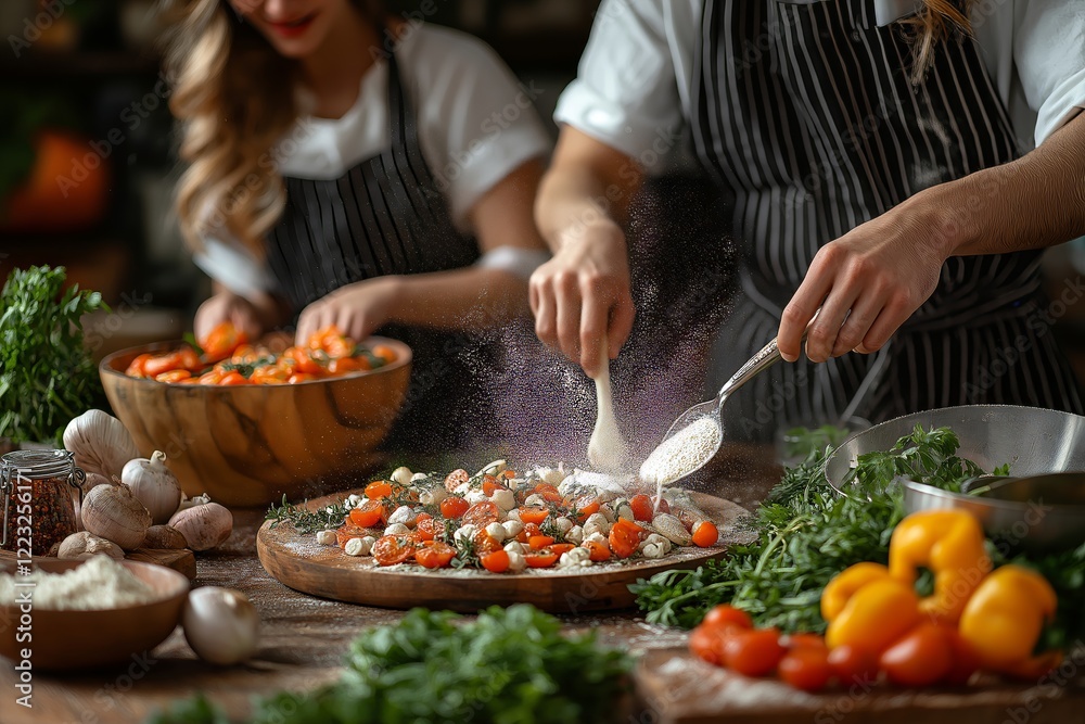 A cozy couples cooking together scene, perfect for Saint Valentine's Day. They joyfully prepare a delicious meal filled with love and creativity. A cozy couples cooking together scene, perfect for Saint Valentine's Day. They joyfully prepare a delicious meal filled with love and creativity.