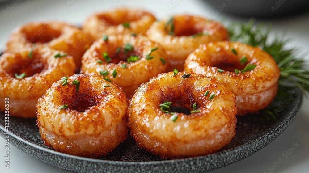 Delicious golden-brown calamari rings arranged neatly on a bright surface Delicious golden-brown calamari rings arranged neatly on a bright surface