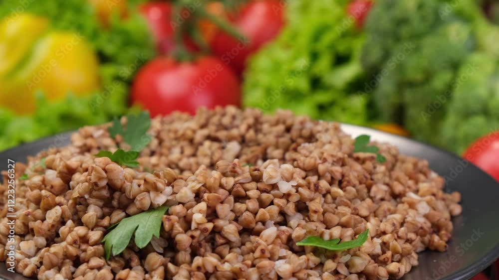 Cooked buckwheat with spoon close-up, fresh vegetables in background Cooked buckwheat with spoon close-up, fresh vegetables in background