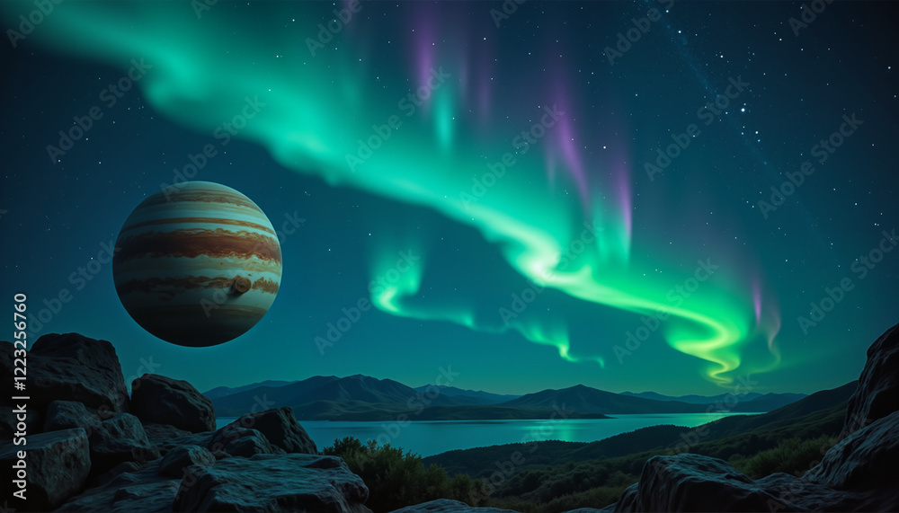 Intricate Aurora Borealis over Jupiter, captivating cosmic beauty Intricate Aurora Borealis over Jupiter, captivating cosmic beauty
