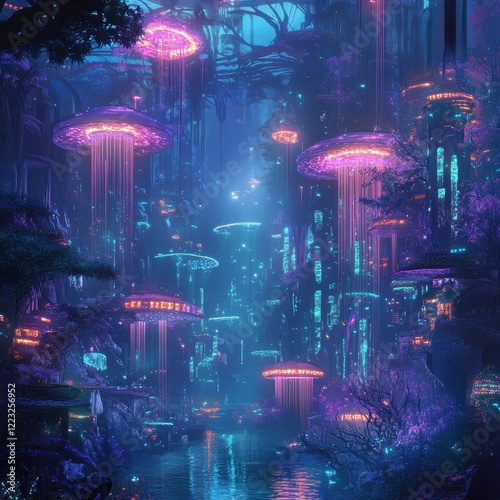 Futuristic Cityscape Under Illuminated Bio Luminescent Fungi photo