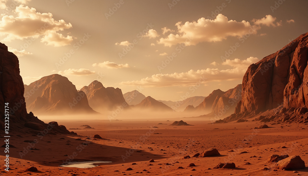 Unique Martian landscape with dust storms at sunset, cosmic exploration Unique Martian landscape with dust storms at sunset, cosmic exploration