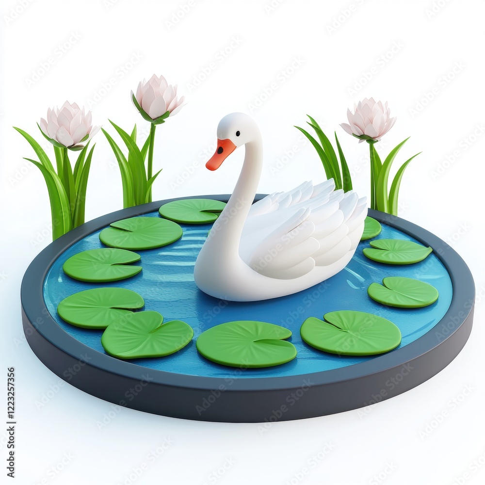 Obraz premium 3D icon cartoon lake with a floating swan, surrounded by lilypads, isolated on a white background -