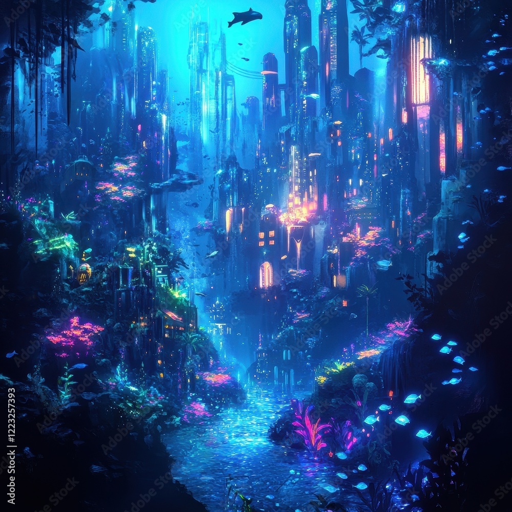 Obraz premium An Underwater City Illuminated By Bioluminescent Flora