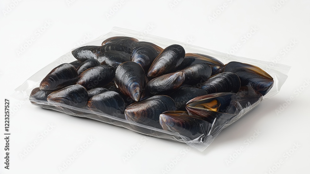 Fresh mussels in clear bag with condensation ready for cooking Fresh mussels in clear bag with condensation ready for cooking