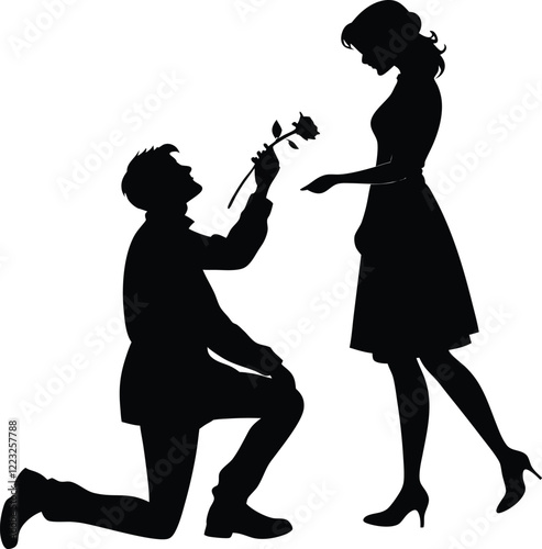 a man proposing to a woman with rose black silhouette