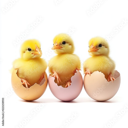 Three baby chicks hatching from eggs on white photo