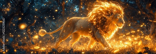 Majestic Lion Roaming Through Glowing Enchanted Forest at Night