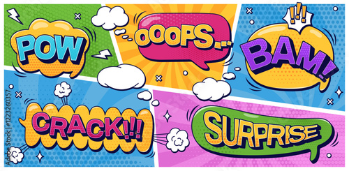 Pack with speech bubbles Pow Bam Surprise Crack Ooops text and halftone elements on color groovy shape pattern. Vector color cartoon illustrations in pop art style.