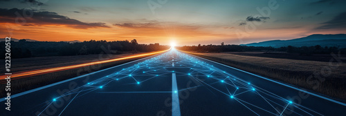 Sunset road ahead, glowing network lines illuminate the path to the future.