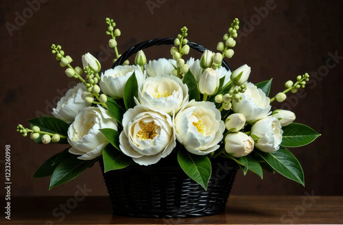 White peonies, protea, lupines on a dark background.A series of bouquets in a wicker basket, bouquets are made up of the same color, but different types. photo