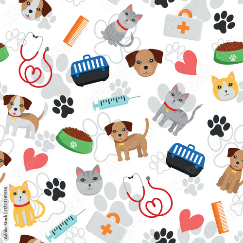 Pattern of Pets and Veterinary Items - Dogs, Cats, Food, Medicine bag, Carrying Box, Syringe, Stethoscope, Footprints Comb and Hearts. Seamless Link.