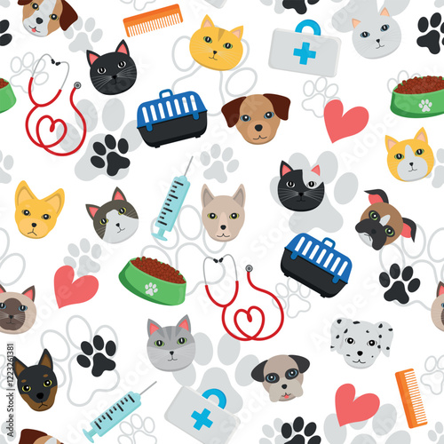 Pattern of Pets and Veterinary Items - Dogs and Cats Heads, Food, Medicine bag, Carrying Box, Syringe, Stethoscope, Footprints, Comb and Hearts. Seamless Link.