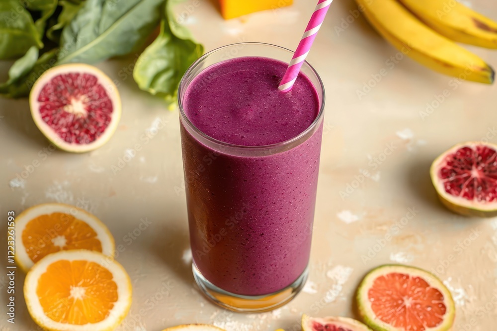 A bright purple smoothie in a glass with a striped pink straw, placed on a neutral beige surface, surrounded by fresh fruit slices and a pop of color A bright purple smoothie in a glass with a striped pink straw, placed on a neutral beige surface, surrounded by fresh fruit slices and a pop of color