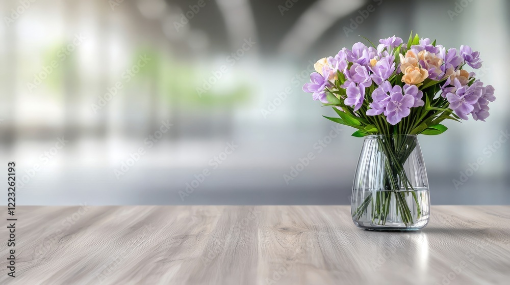 custom made wallpaper toronto digitalPurple flowers in glass vase on wooden table, blurred office background, home decor